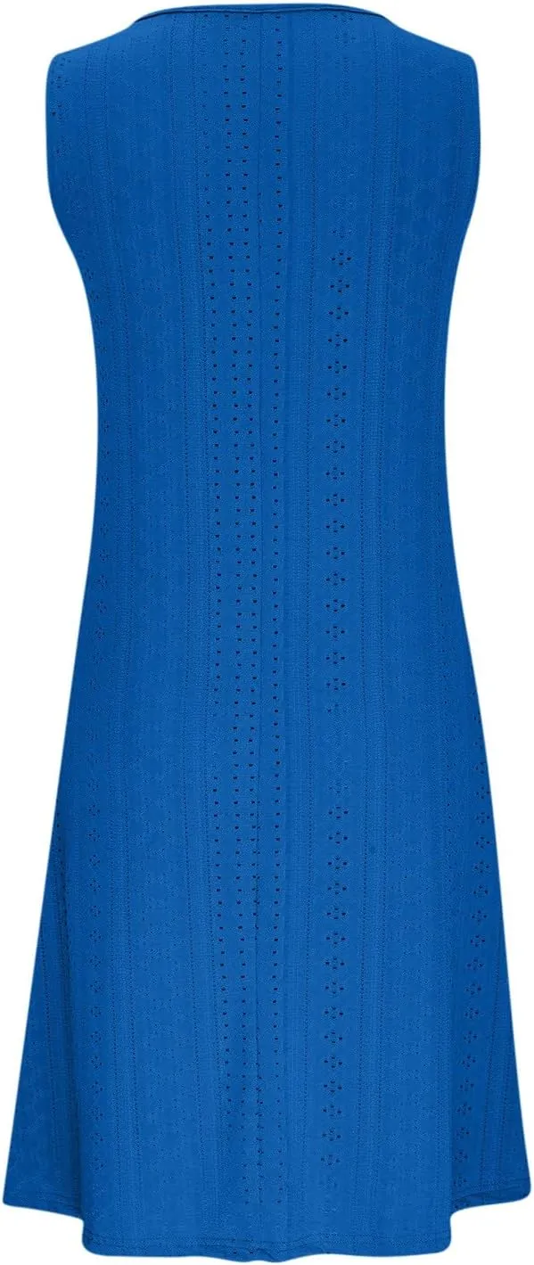 Sweetheart Embroidery Eyelet Tank Dress for Women Solid V Neck Sleeveless Sundress Casual Vacation Beach Dress