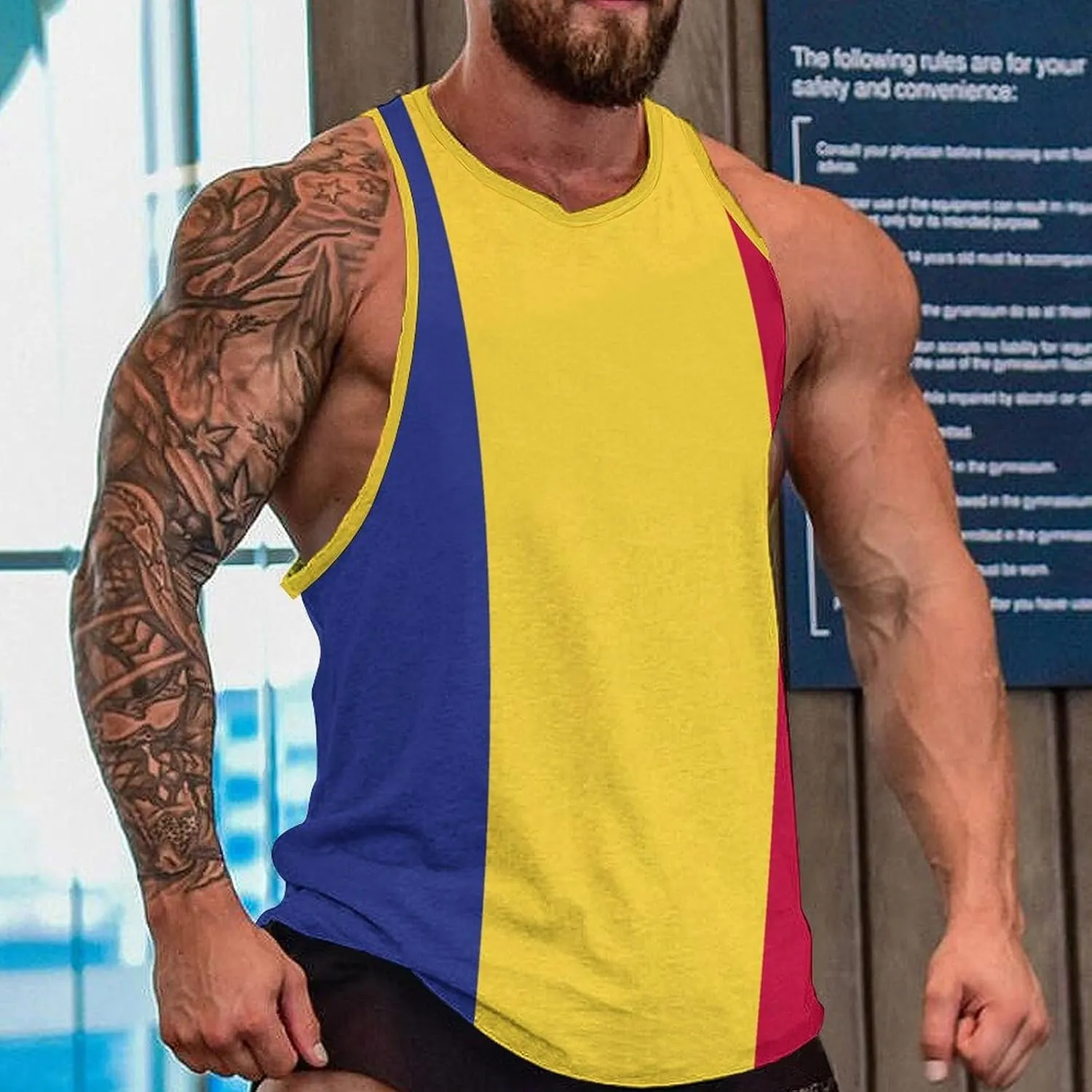 TAIZIYEAH Mens Beach Tank Tops Romanian Flag Sleeveless Lightweight Shirts Summer Running Athletic Swim Shirt