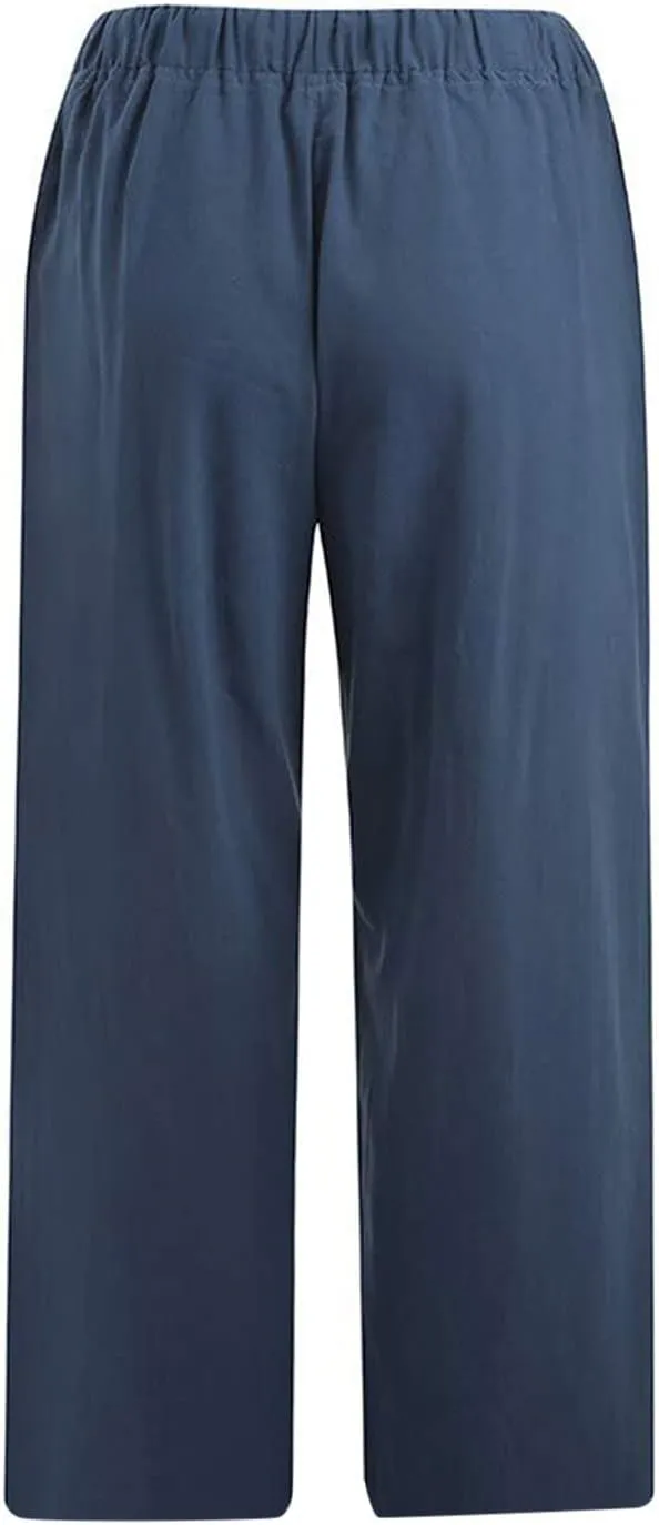 TANGNADE Ladies Capri Pants with Pockets Summer Cotton Linen Pant Loose Comfy Elastic Waist Wide Leg Crop Trouser