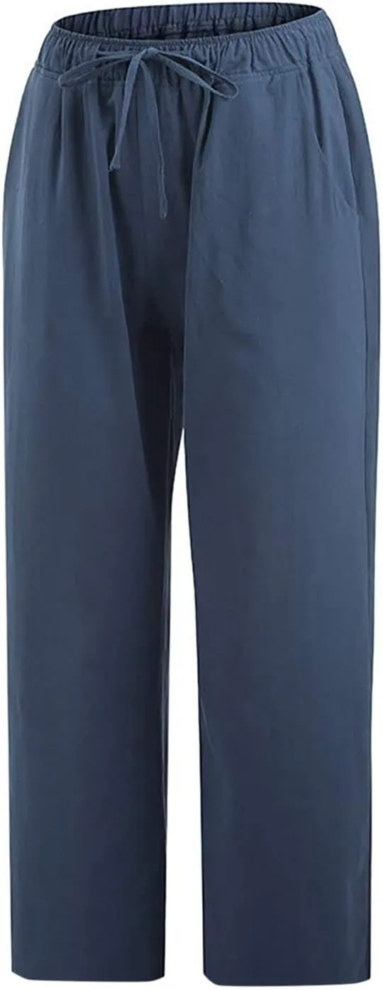 TANGNADE Ladies Capri Pants with Pockets Summer Cotton Linen Pant Loose Comfy Elastic Waist Wide Leg Crop Trouser