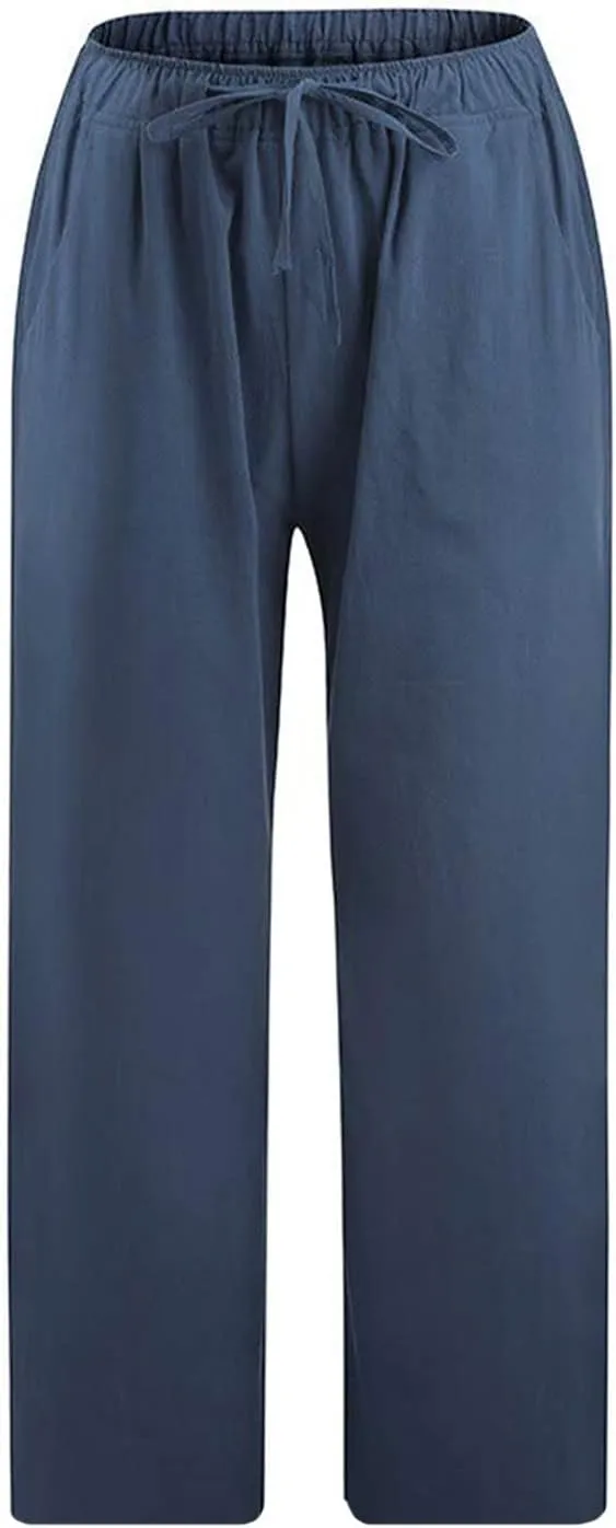 TANGNADE Ladies Capri Pants with Pockets Summer Cotton Linen Pant Loose Comfy Elastic Waist Wide Leg Crop Trouser
