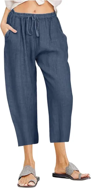 TANGNADE Ladies Capri Pants with Pockets Summer Cotton Linen Pant Loose Comfy Elastic Waist Wide Leg Crop Trouser