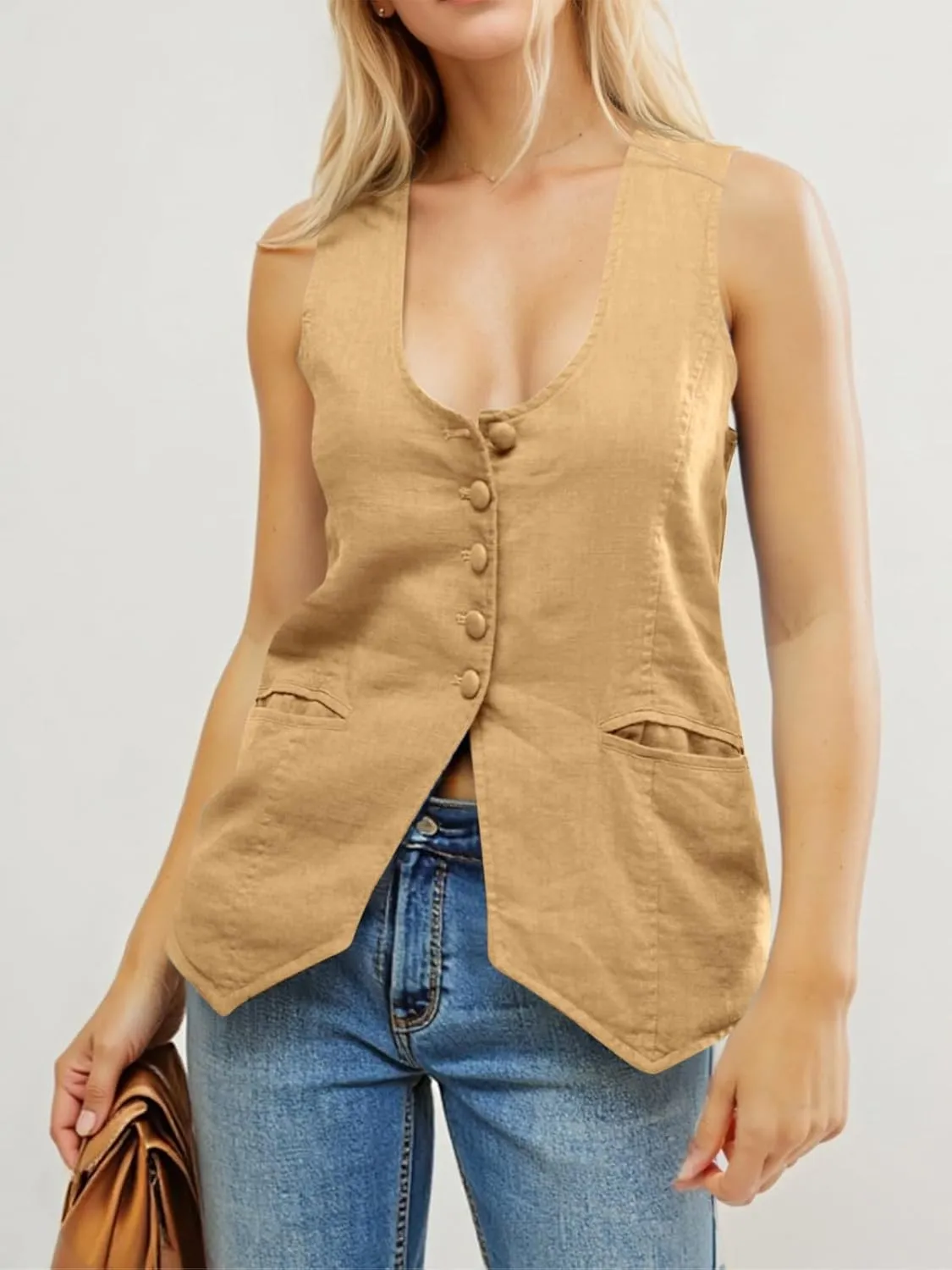 Tankaneo Womens Scoop Neck Blazer Vest Summer Linen Sleeveless Fitted Waistcoat Work Casual Cotton Suit Tops