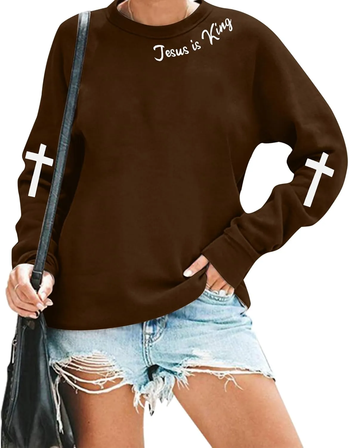 TAOHONG Oversized Christian Sweatshirts for Women Jesus is King Sweatshirt Faith Shirt Bible Verse Religious Pullover Tops