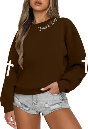 TAOHONG Oversized Christian Sweatshirts for Women Jesus is King Sweatshirt Faith Shirt Bible Verse Religious Pullover Tops