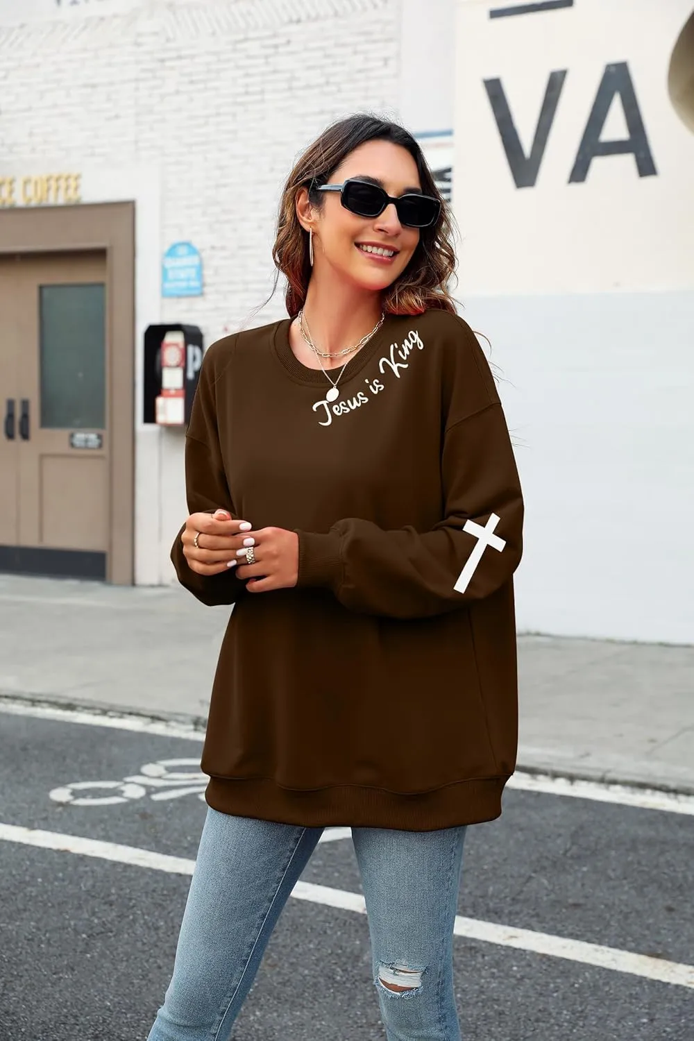 TAOHONG Oversized Christian Sweatshirts for Women Jesus is King Sweatshirt Faith Shirt Bible Verse Religious Pullover Tops