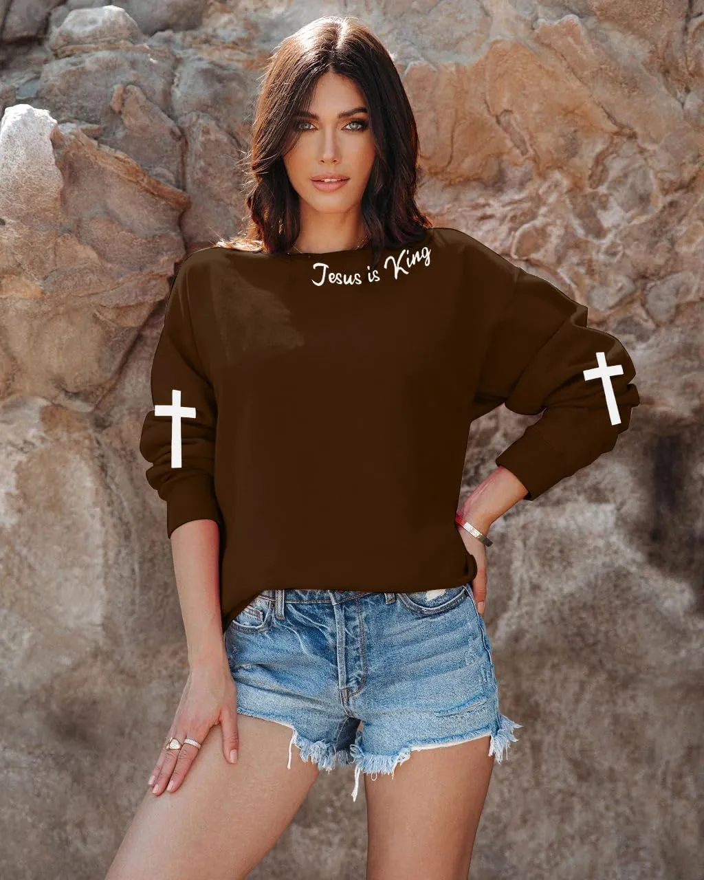 TAOHONG Oversized Christian Sweatshirts for Women Jesus is King Sweatshirt Faith Shirt Bible Verse Religious Pullover Tops