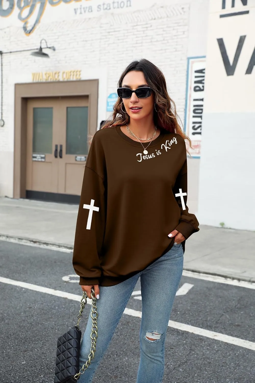 TAOHONG Oversized Christian Sweatshirts for Women Jesus is King Sweatshirt Faith Shirt Bible Verse Religious Pullover Tops