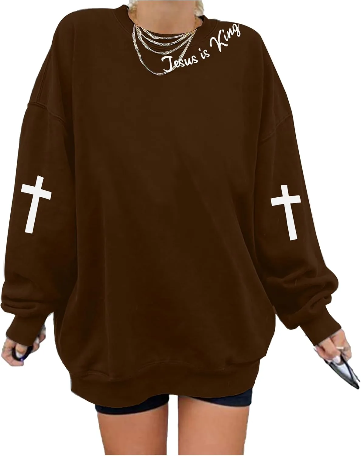 TAOHONG Oversized Christian Sweatshirts for Women Jesus is King Sweatshirt Faith Shirt Bible Verse Religious Pullover Tops
