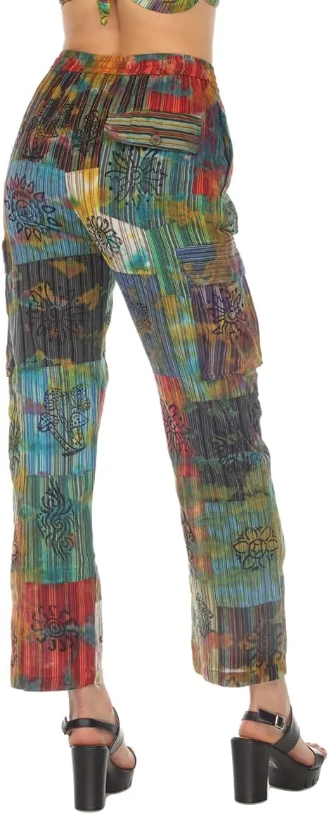 THE COLLECTION ROYAL Women Hippie Patchwork Bohemian Casual Rave Festival Harem Drawstring Boho Trouser Pants