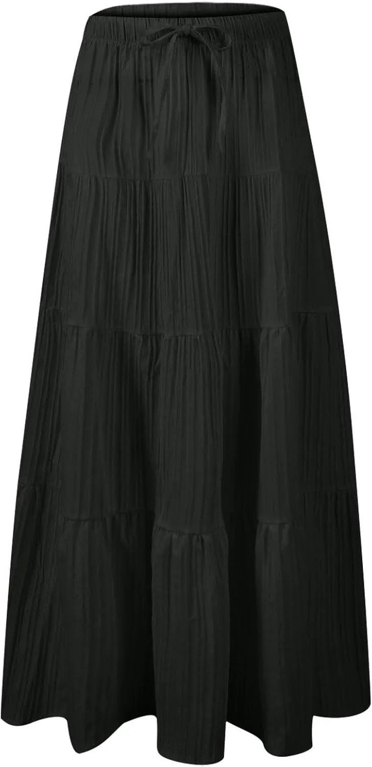 Tiered Long Skirts for Women Vacation A-Line Boho Pleated Skirt Summer High Waist Drawstring Flowy Swing Maxi Skirts