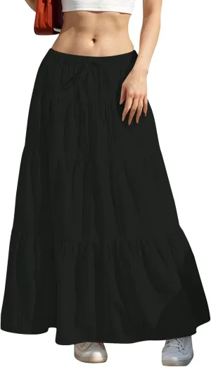 Tiered Long Skirts for Women Vacation A-Line Boho Pleated Skirt Summer High Waist Drawstring Flowy Swing Maxi Skirts
