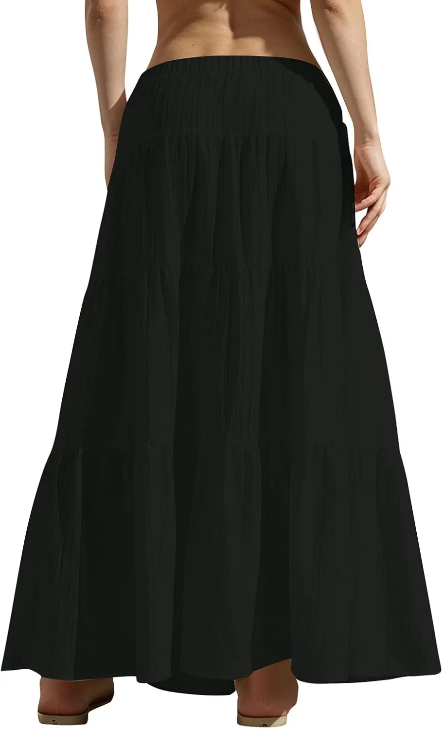 Tiered Long Skirts for Women Vacation A-Line Boho Pleated Skirt Summer High Waist Drawstring Flowy Swing Maxi Skirts