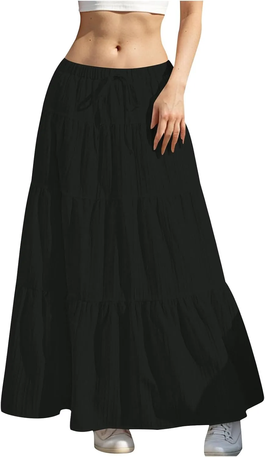 Tiered Long Skirts for Women Vacation A-Line Boho Pleated Skirt Summer High Waist Drawstring Flowy Swing Maxi Skirts