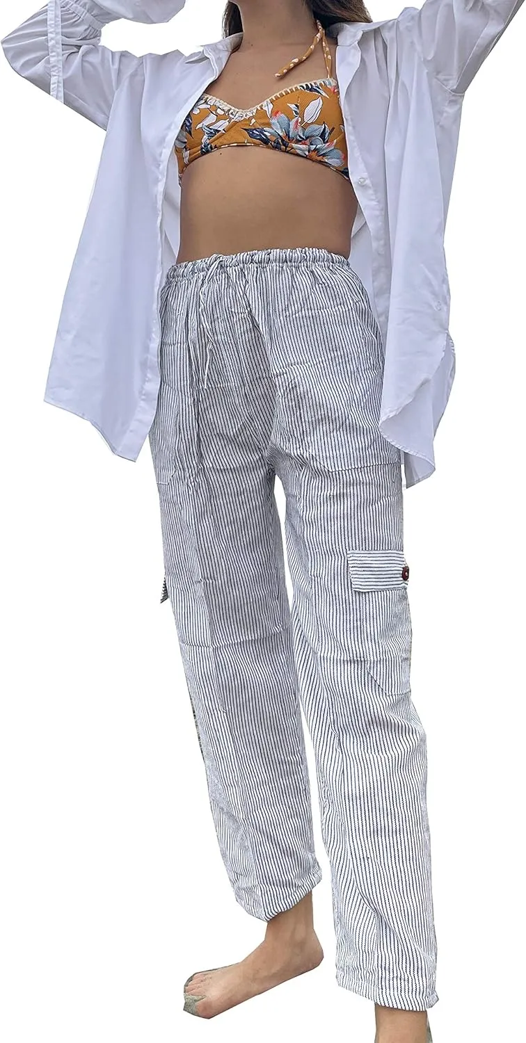 TINKUY Peru Women's & Men's Cotton Summer Beach Boho Yoga Beach Harem Jogger Striped Lounge Lightweight Pants