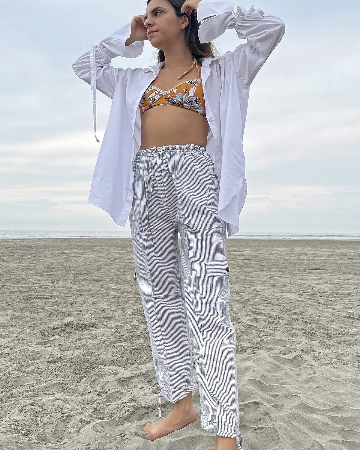 TINKUY Peru Women's & Men's Cotton Summer Beach Boho Yoga Beach Harem Jogger Striped Lounge Lightweight Pants