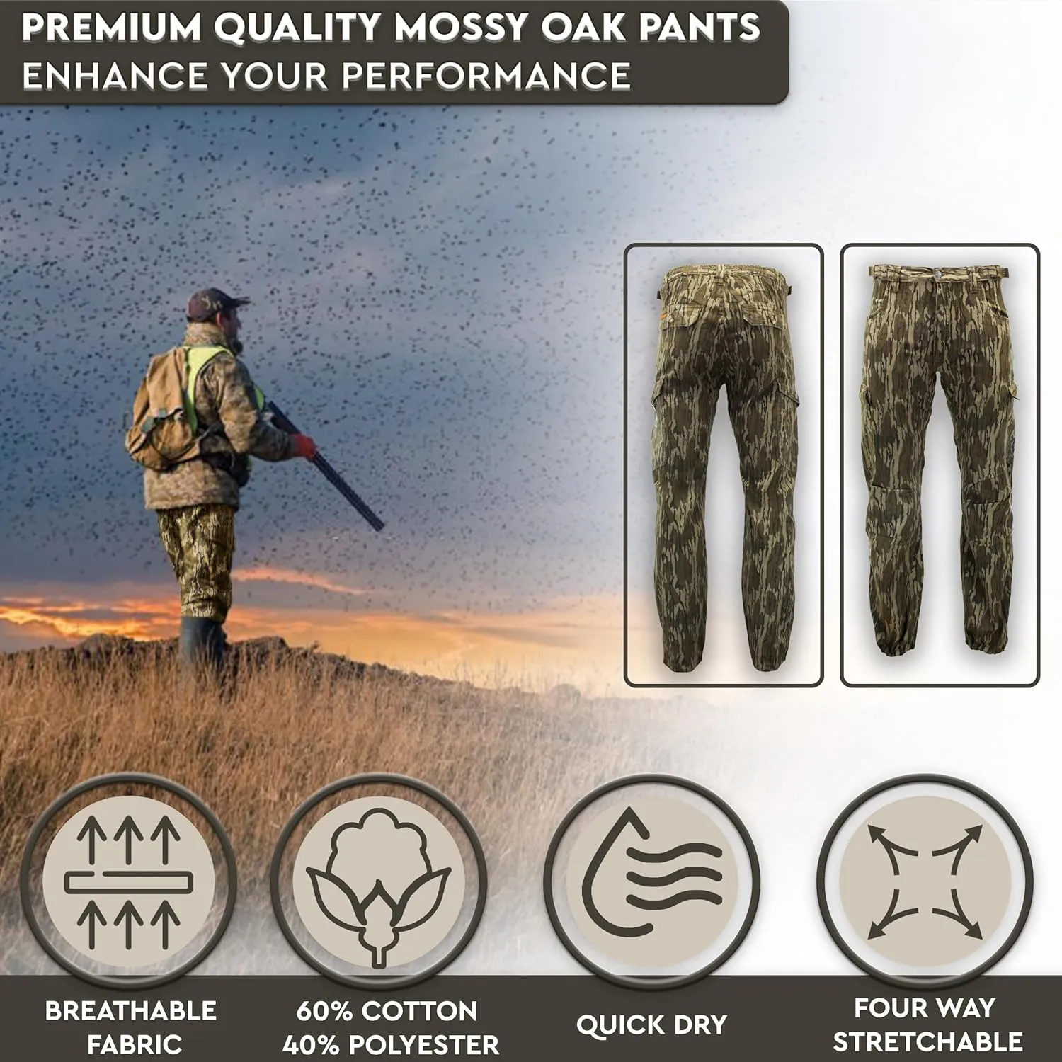 TrailCrest Mens Camo Hunting Cargo Pants | 6 Pockets | Mossy Oak (Improved Specs)