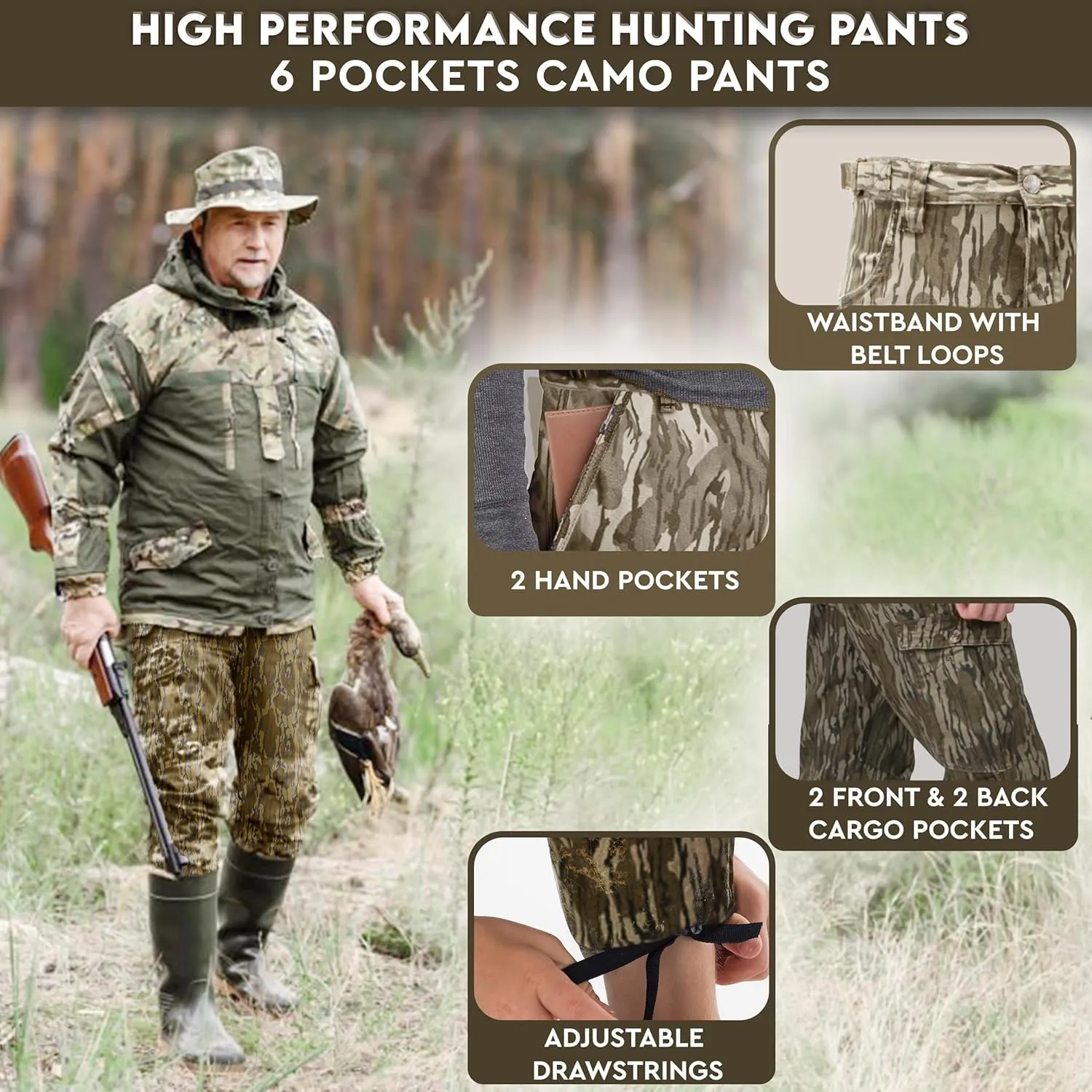 TrailCrest Mens Camo Hunting Cargo Pants | 6 Pockets | Mossy Oak (Improved Specs)