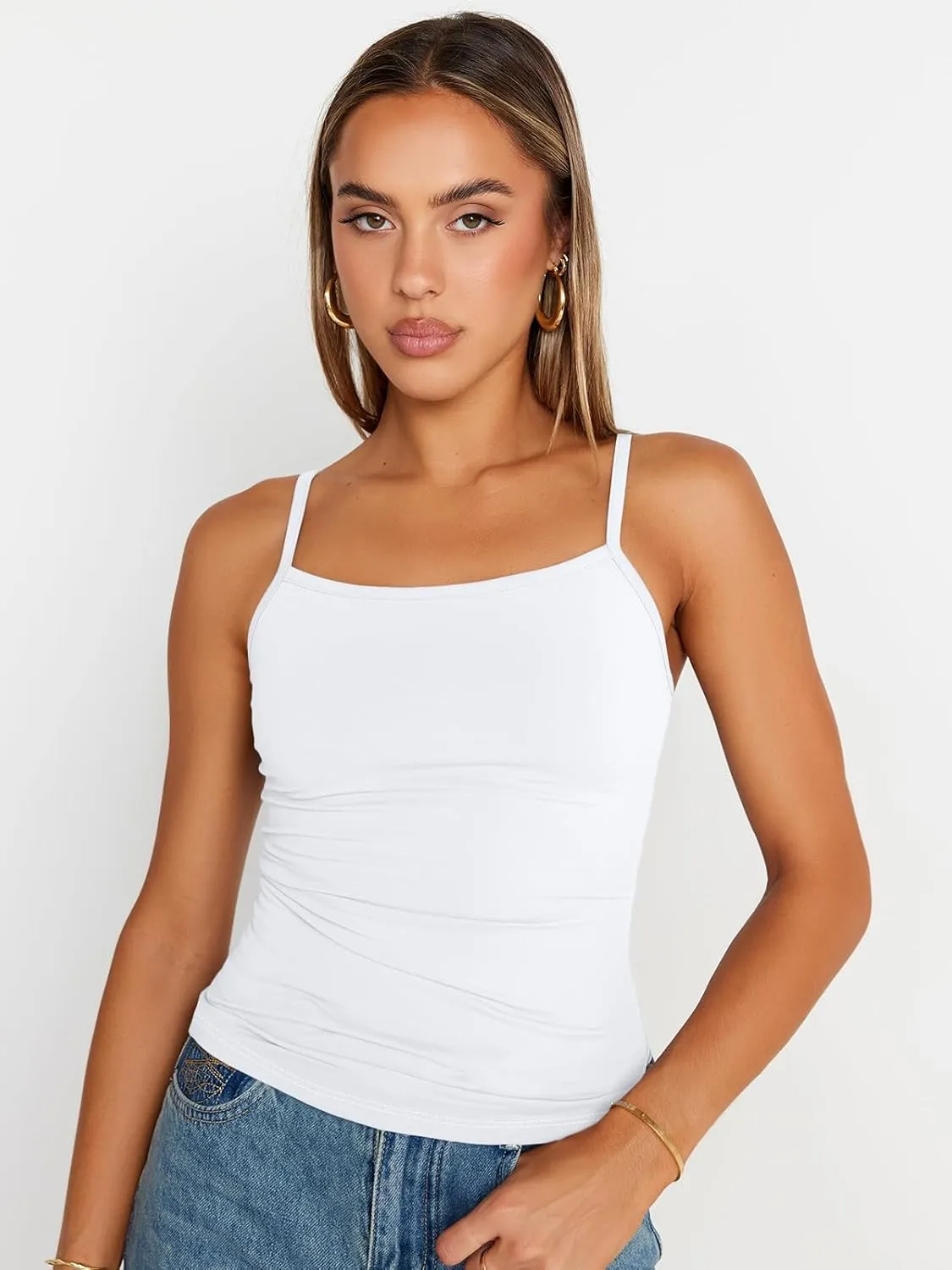 Trendy Queen Womens Adjustable Camisole Sleeveless Square Neck Spaghetti Strap Tank Tops Basic Shirt