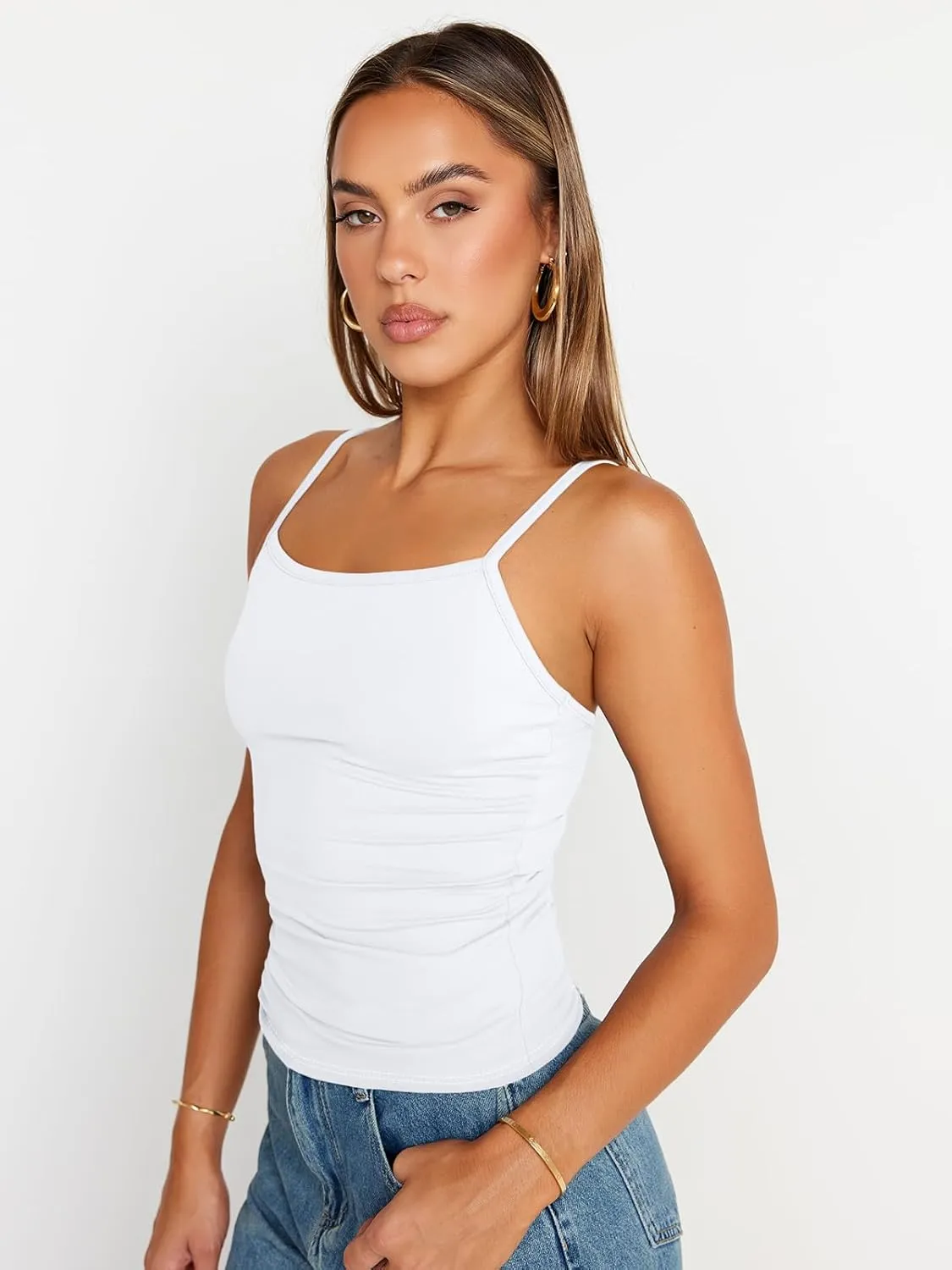 Trendy Queen Womens Adjustable Camisole Sleeveless Square Neck Spaghetti Strap Tank Tops Basic Shirt