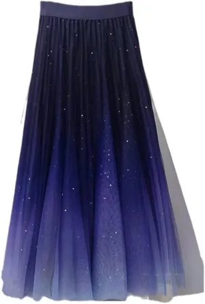 Tulle Skirt, Gradient Long Skirt, Female High Waist Pleated Mesh Skirt, Blue Party Midi Pleated Skirt