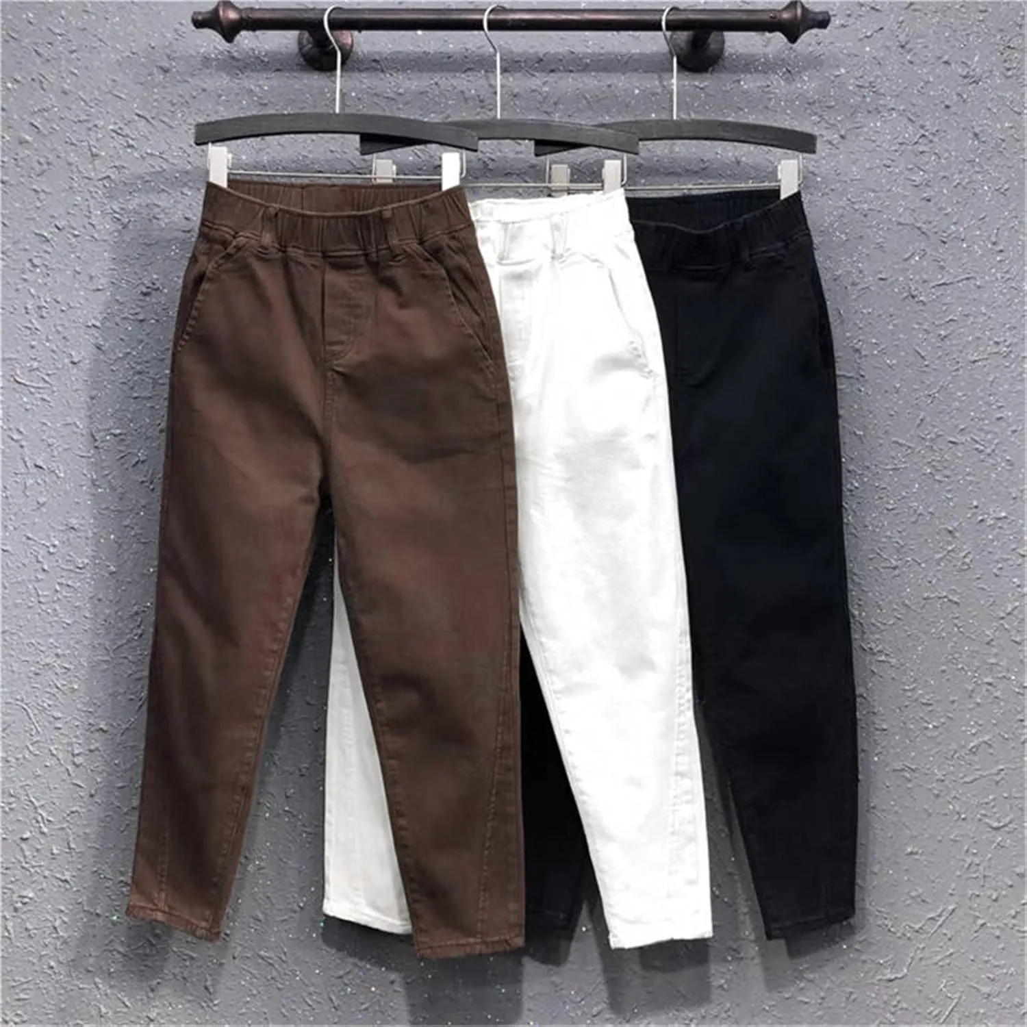 UIOKLMJH Autumn Women Elastic Waist Cotton Denim Pants All-Matched Casual Loose Harem Pants Trousers Plus Size