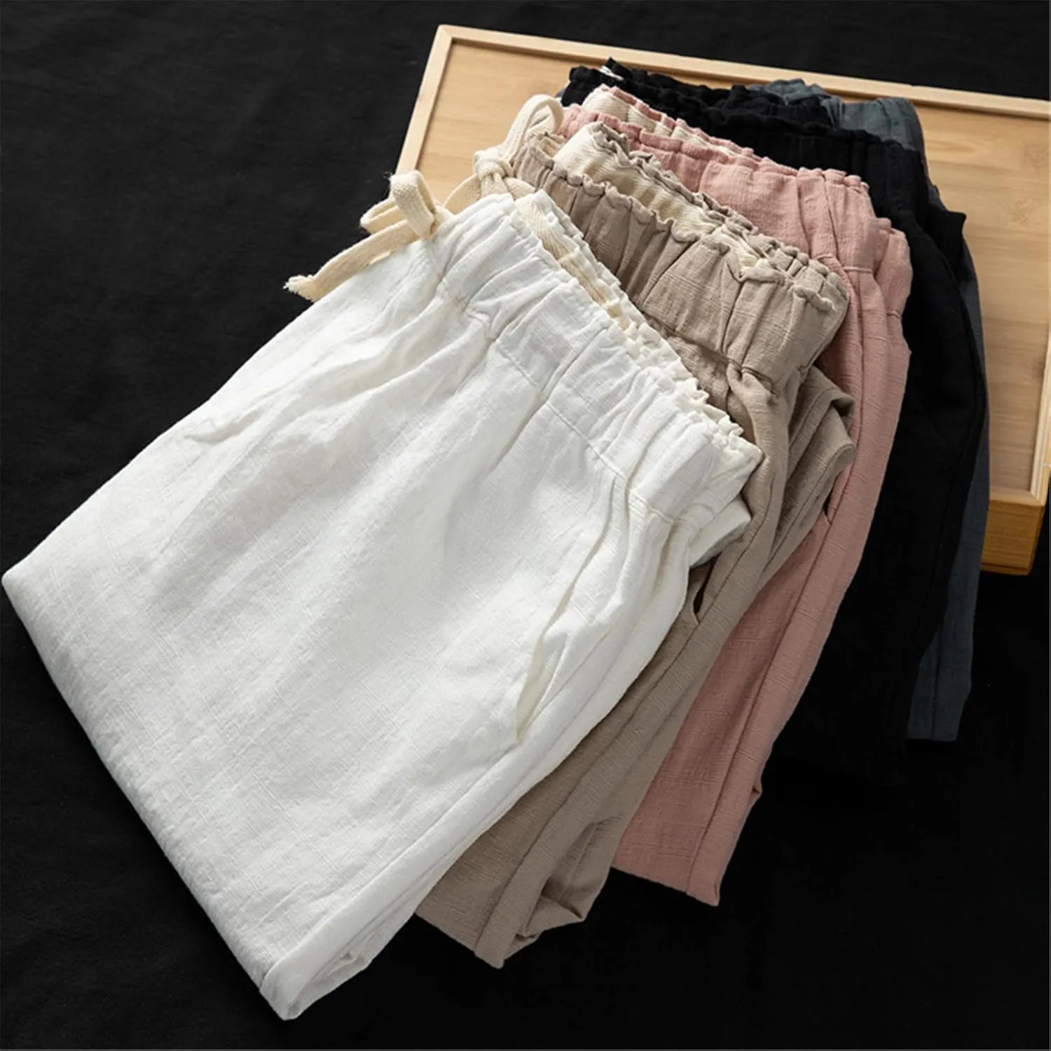 UIOKLMJH Spring Summer Women's Cotton Linen Casual Pants Loose Capri Pants Solid Color Ankle-Length Harem Pants