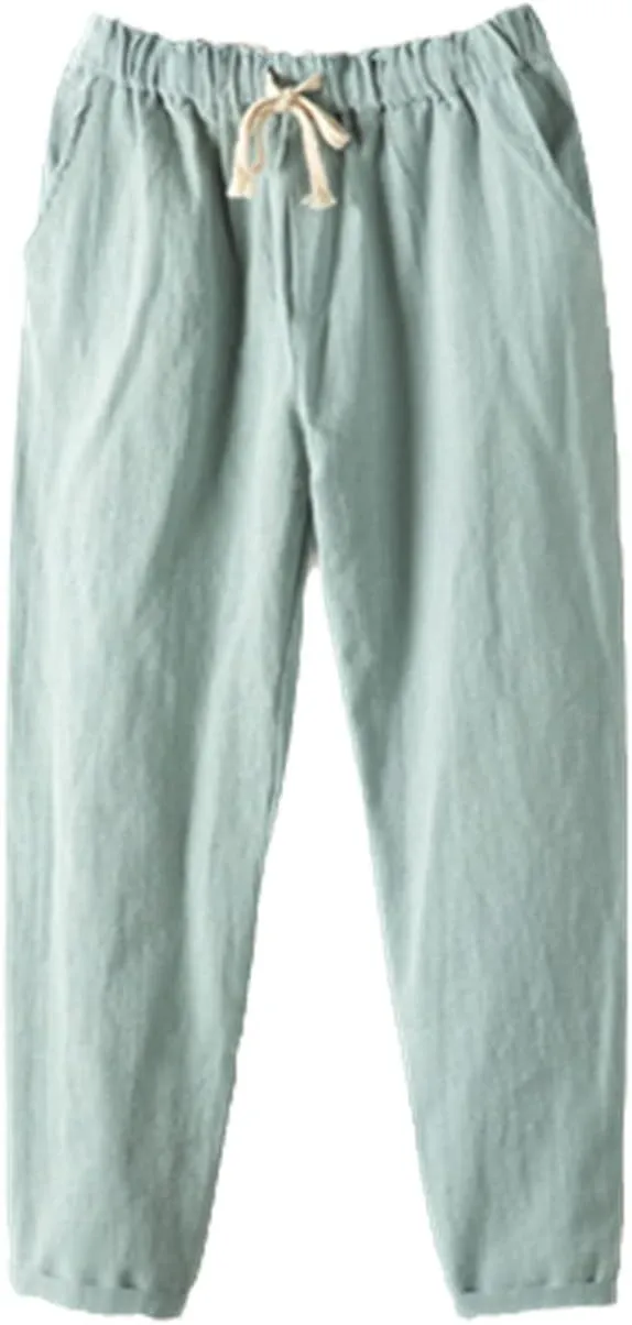 UIOKLMJH Spring Summer Women's Cotton Linen Casual Pants Loose Capri Pants Solid Color Ankle-Length Harem Pants