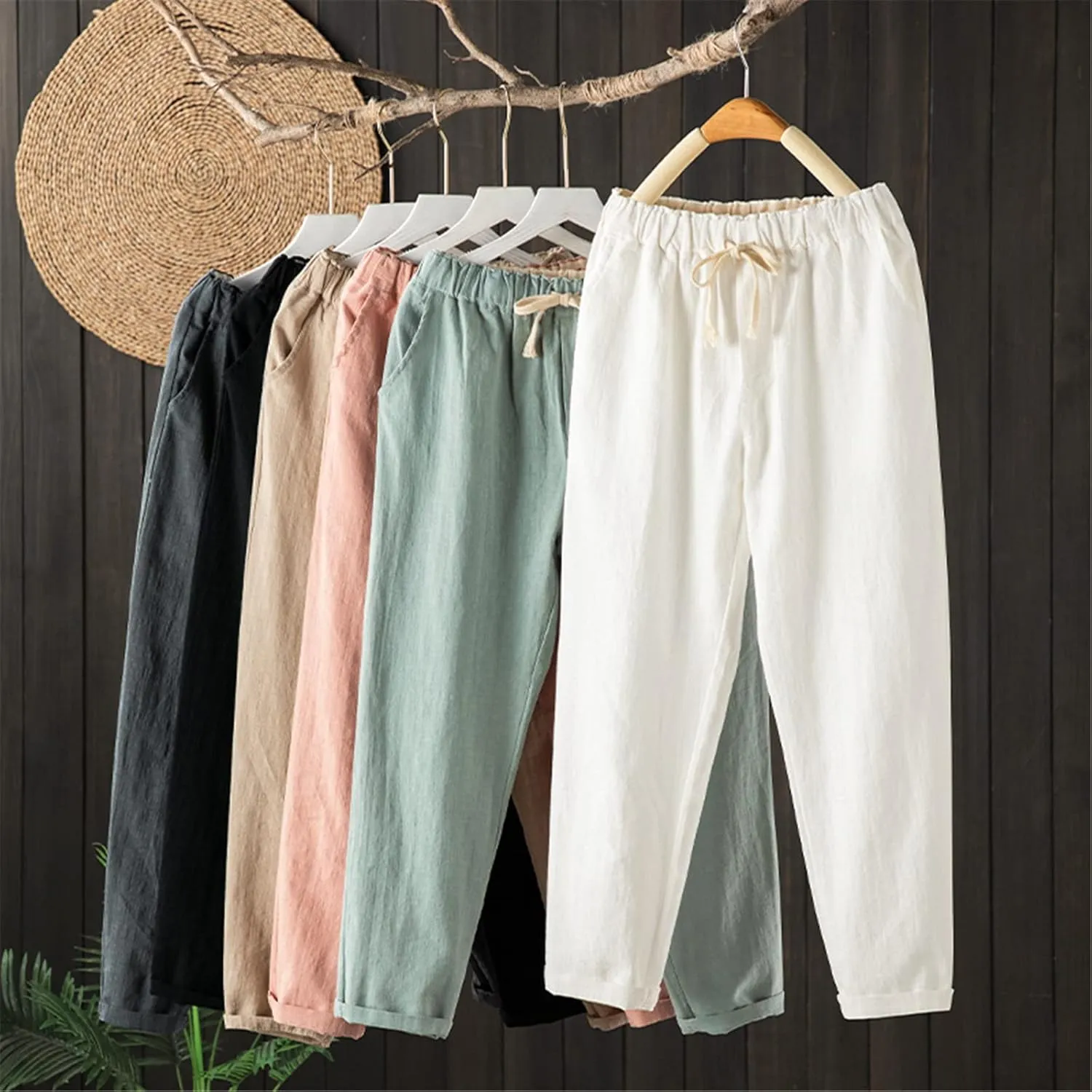 UIOKLMJH Spring Summer Women's Cotton Linen Casual Pants Loose Capri Pants Solid Color Ankle-Length Harem Pants