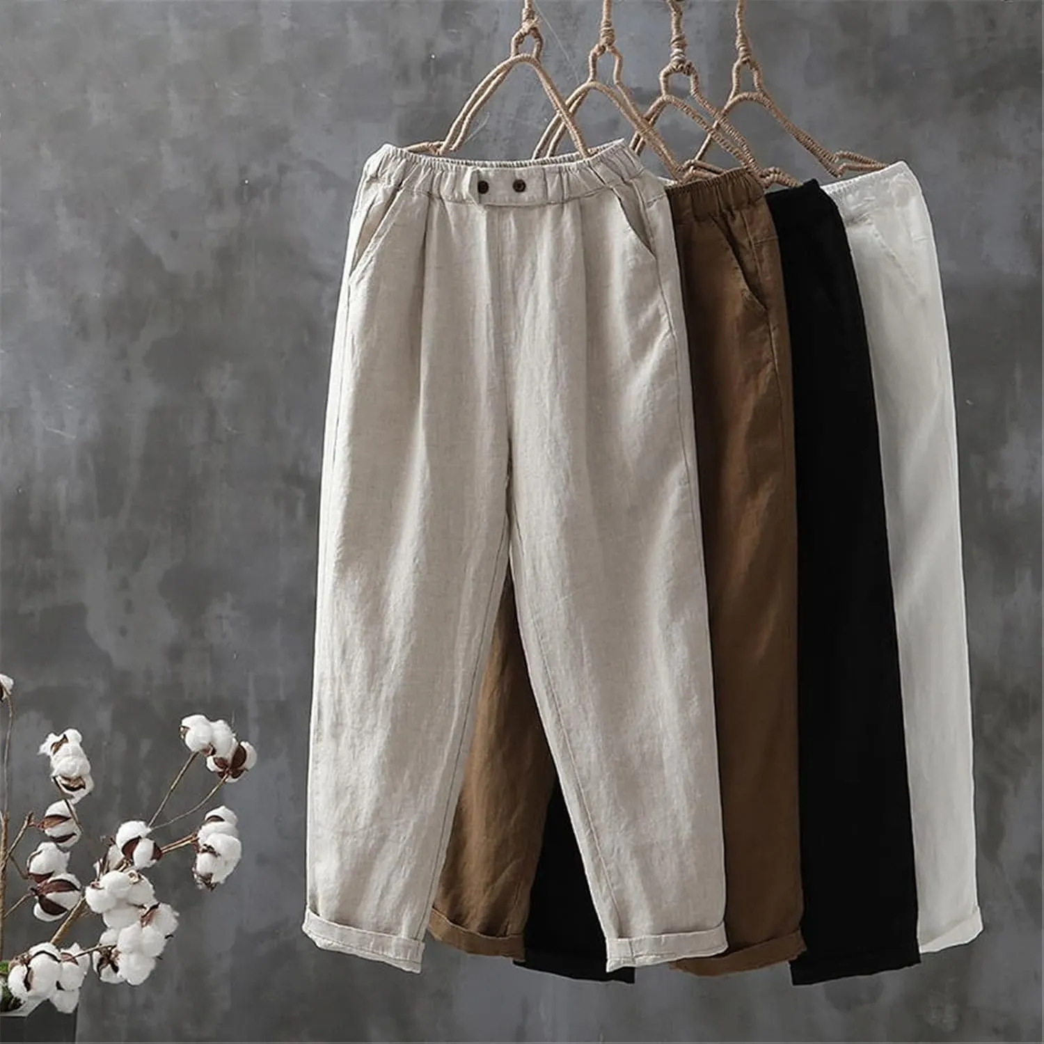 UIOKLMJH Women Spring Cotton Linen Pants Female Elastic Waist Casual Loose Solid Harem Pants Plus Size