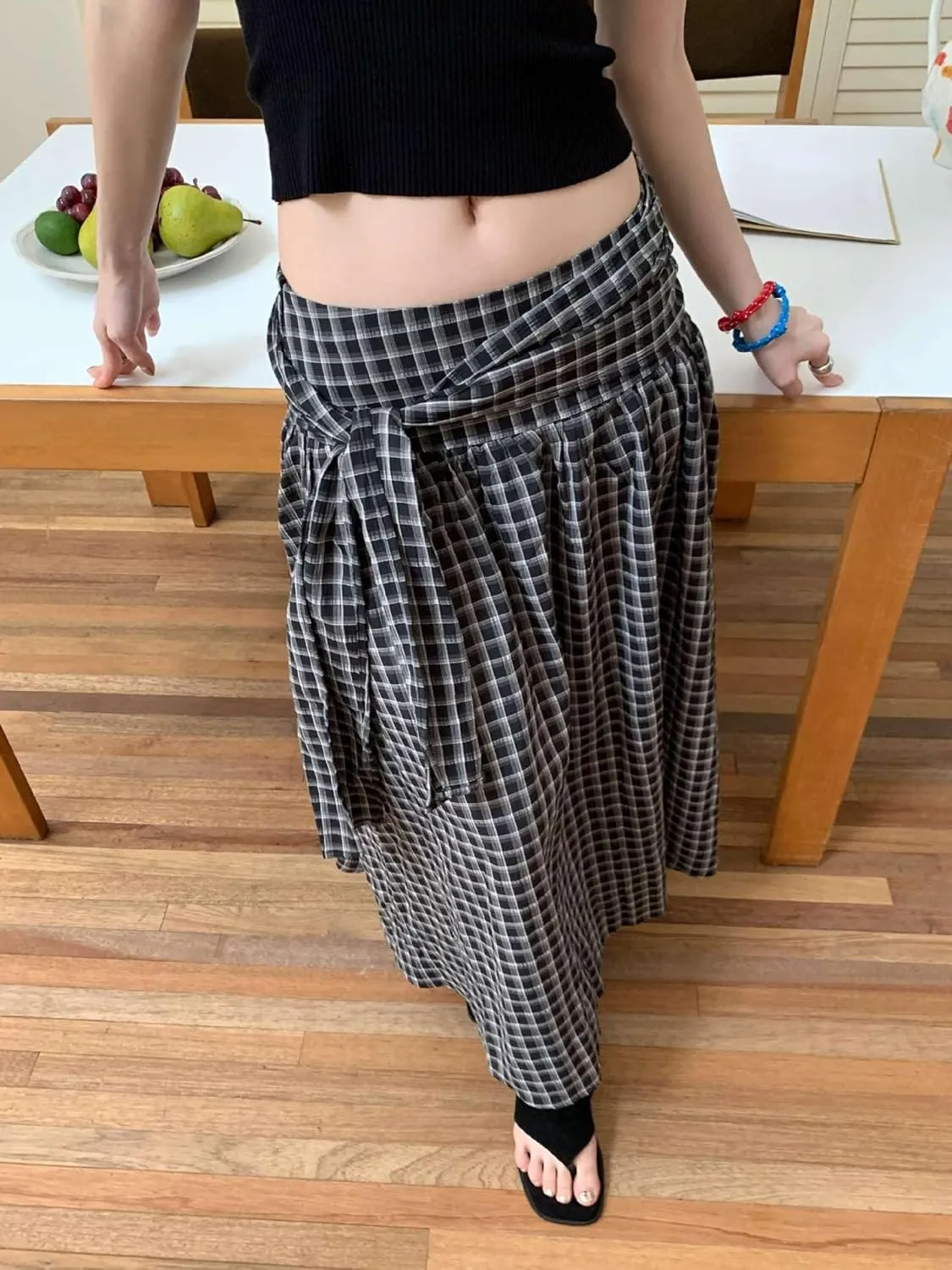utcoco Women 2025 Fashion Tie Waist Plaid Maxi Skirt Casual Pleated A-Line Swing Long Skirts y2k Clothes