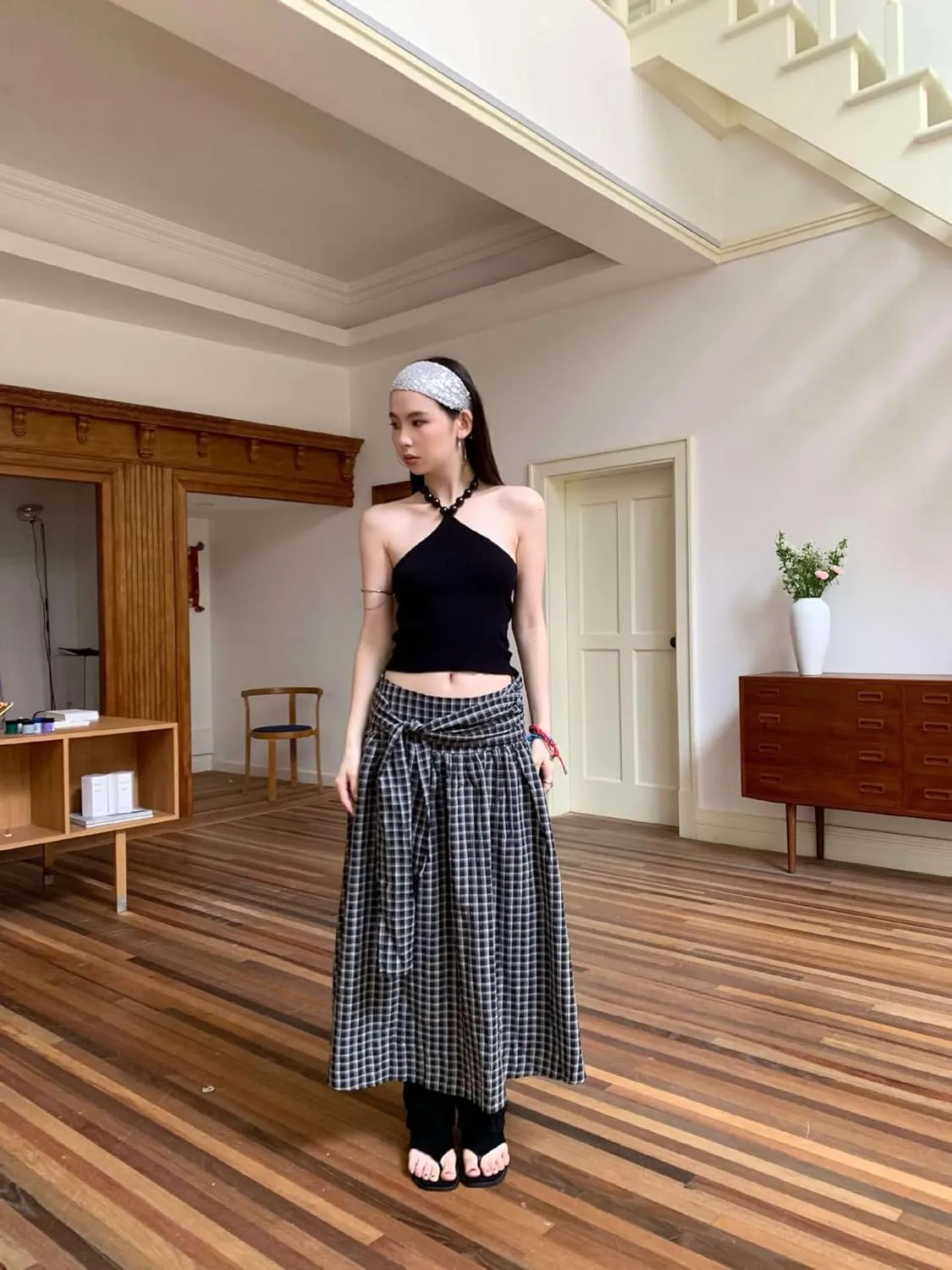 utcoco Women 2025 Fashion Tie Waist Plaid Maxi Skirt Casual Pleated A-Line Swing Long Skirts y2k Clothes