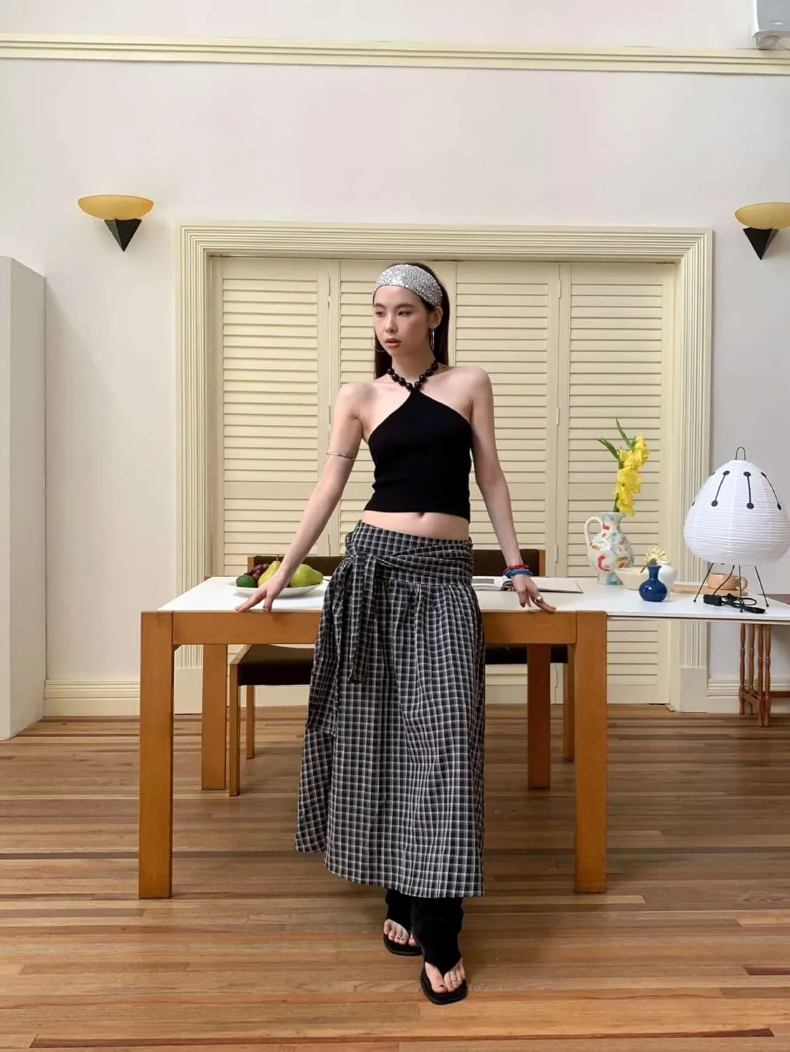 utcoco Women 2025 Fashion Tie Waist Plaid Maxi Skirt Casual Pleated A-Line Swing Long Skirts y2k Clothes