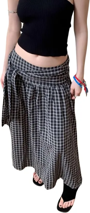 utcoco Women 2025 Fashion Tie Waist Plaid Maxi Skirt Casual Pleated A-Line Swing Long Skirts y2k Clothes