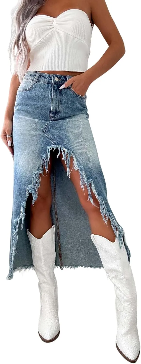 utcoco Women's 2025 Irregular High Waist Denim Skirt Distressed Fringed Hem A-Line Jean Maxi Skirts