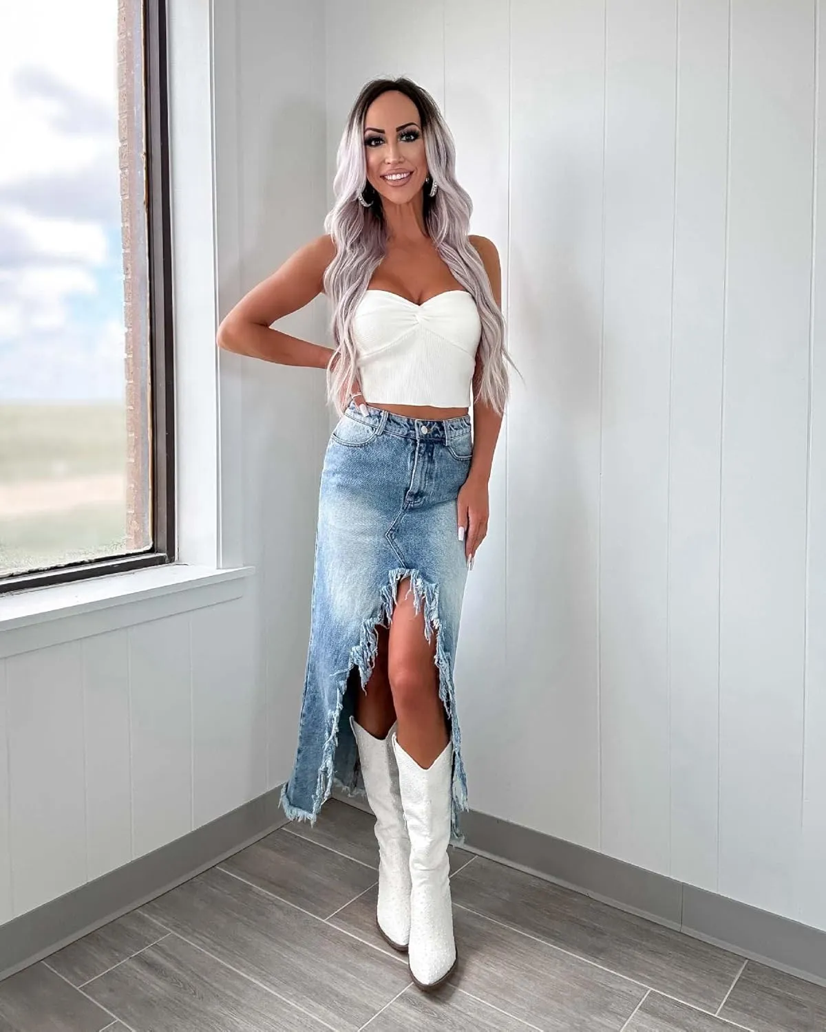 utcoco Women's 2025 Irregular High Waist Denim Skirt Distressed Fringed Hem A-Line Jean Maxi Skirts