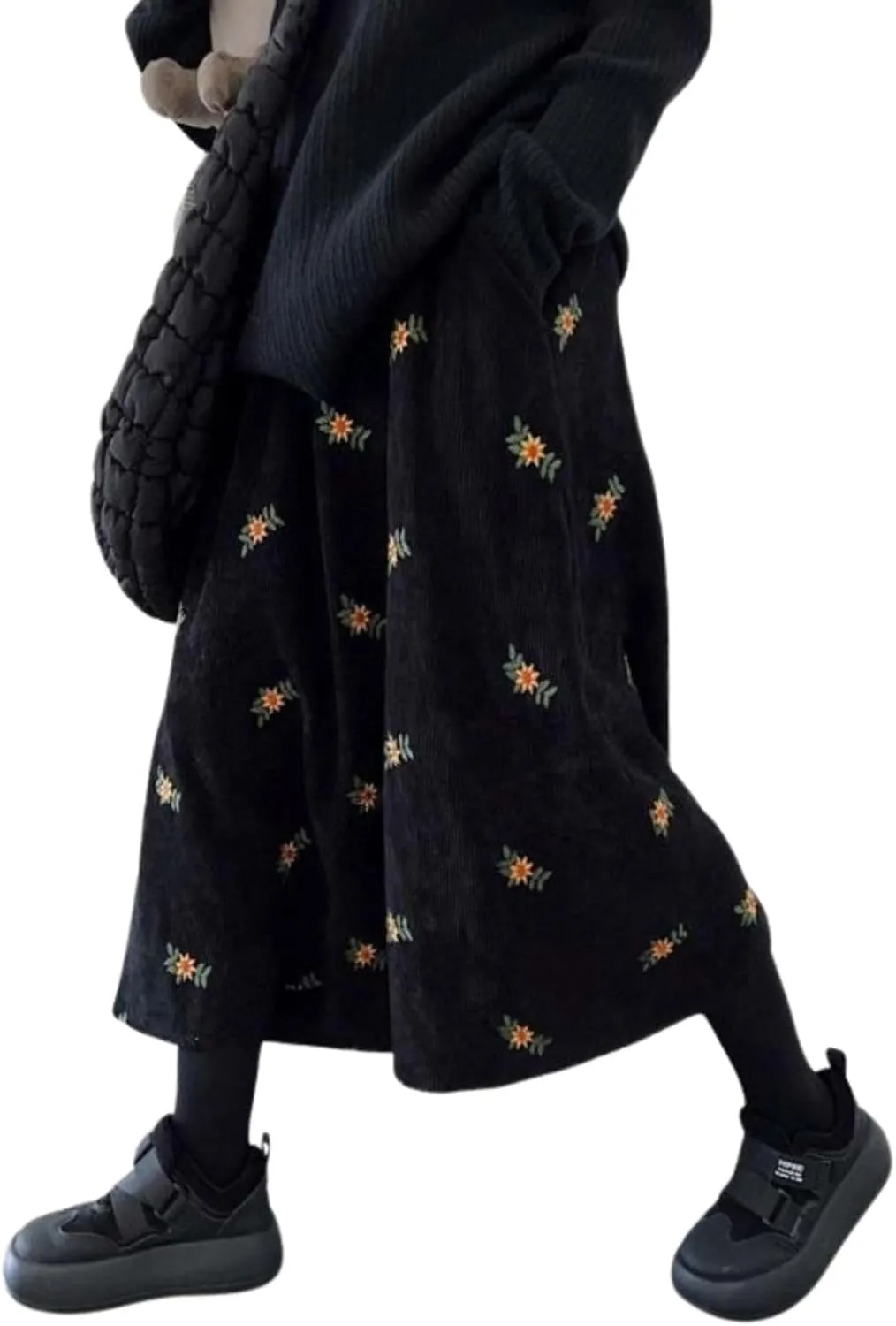 utcoco Womens Corduroy Floral Embroidery Long Skirts Stretchy High Waist A Line Swing Midi Skirt with Pockets