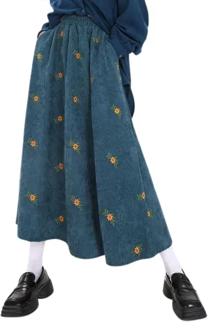 utcoco Womens Corduroy Floral Embroidery Long Skirts Stretchy High Waist A Line Swing Midi Skirt with Pockets