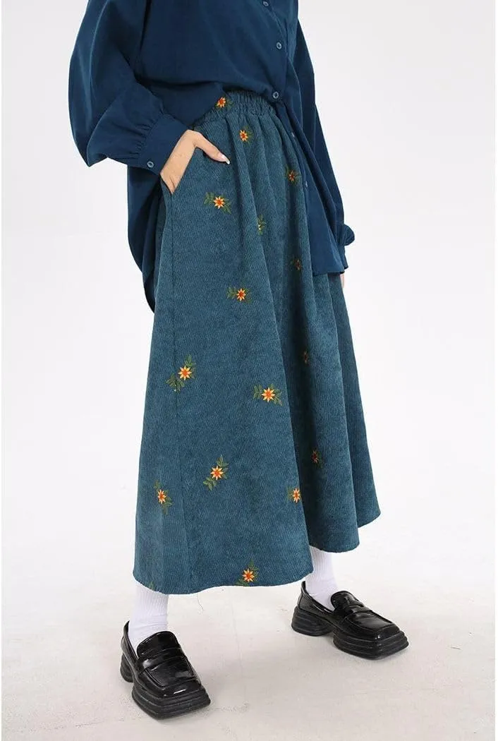 utcoco Womens Corduroy Floral Embroidery Long Skirts Stretchy High Waist A Line Swing Midi Skirt with Pockets