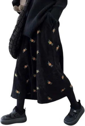 utcoco Womens Corduroy Floral Embroidery Long Skirts Stretchy High Waist A Line Swing Midi Skirt with Pockets