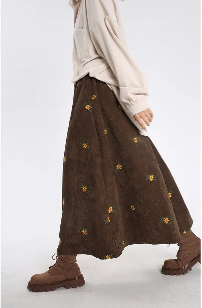 utcoco Womens Corduroy Floral Embroidery Long Skirts Stretchy High Waist A Line Swing Midi Skirt with Pockets