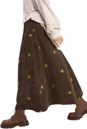 utcoco Womens Corduroy Floral Embroidery Long Skirts Stretchy High Waist A Line Swing Midi Skirt with Pockets