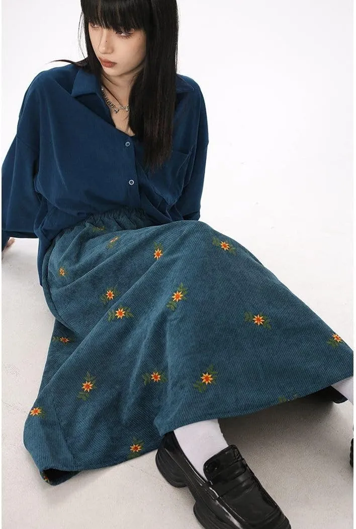 utcoco Womens Corduroy Floral Embroidery Long Skirts Stretchy High Waist A Line Swing Midi Skirt with Pockets