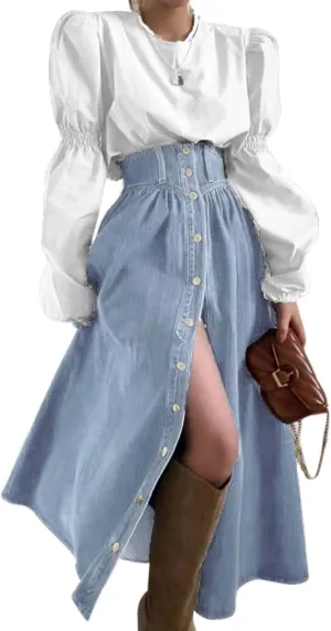 utcoco Women's High Waist Long Denim Skirt Button Down Swing A-Line Jean Maxi Skirt with Pockets