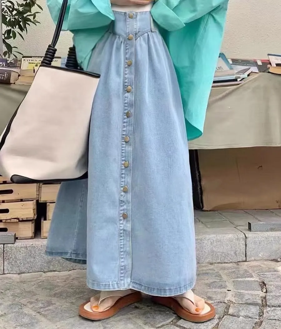 utcoco Women's High Waist Long Denim Skirt Button Down Swing A-Line Jean Maxi Skirt with Pockets