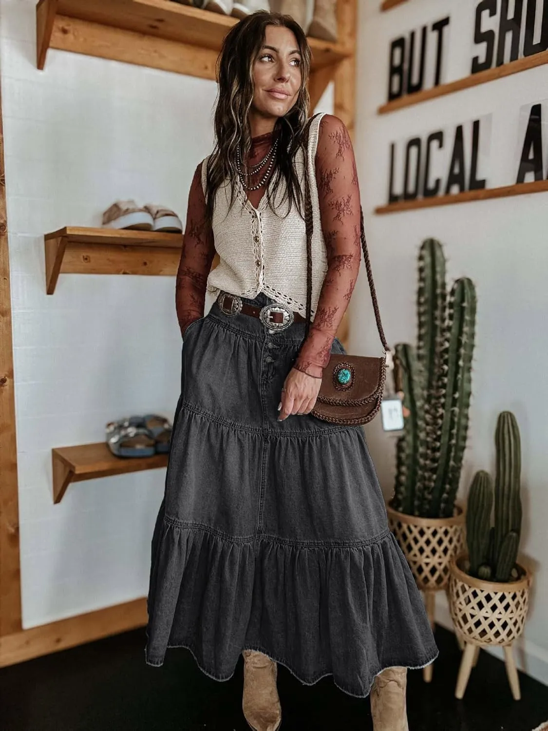 utcoco Women's High Waist Long Denim Skirt Button-Fly Tiered Ruffle Swing A-Line Jean Maxi Skirt with Pockets