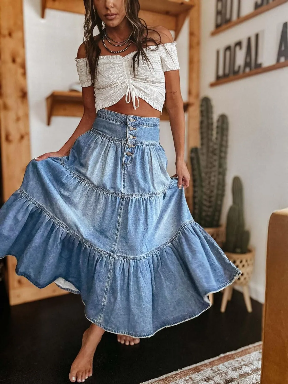 utcoco Women's High Waist Long Denim Skirt Button-Fly Tiered Ruffle Swing A-Line Jean Maxi Skirt with Pockets