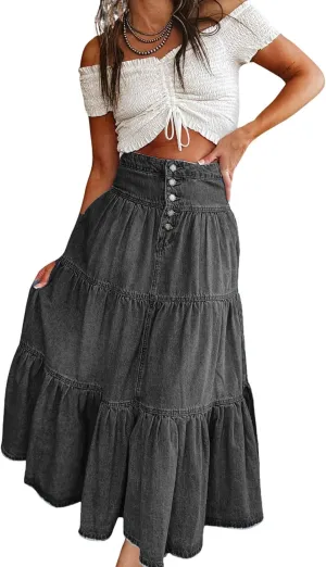 utcoco Women's High Waist Long Denim Skirt Button-Fly Tiered Ruffle Swing A-Line Jean Maxi Skirt with Pockets