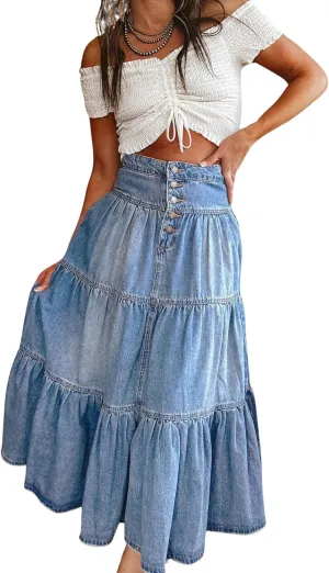 utcoco Women's High Waist Long Denim Skirt Button-Fly Tiered Ruffle Swing A-Line Jean Maxi Skirt with Pockets