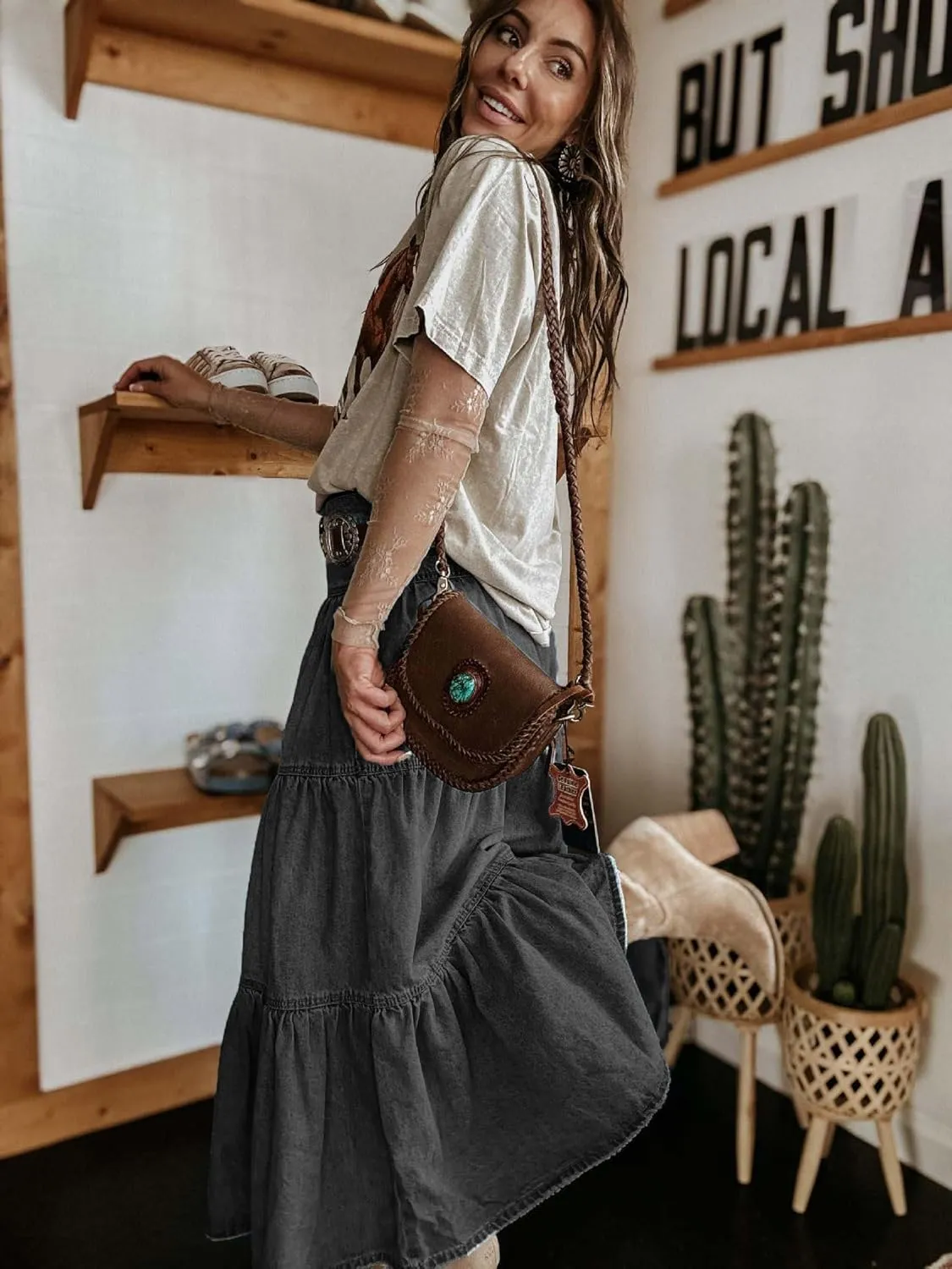 utcoco Women's High Waist Long Denim Skirt Button-Fly Tiered Ruffle Swing A-Line Jean Maxi Skirt with Pockets